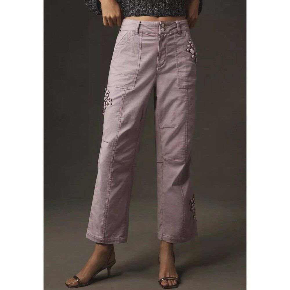Anthropologie Pilcro The Wanderer Pants JEWELED Womens 25 Relaxed-Leg Lilac $148